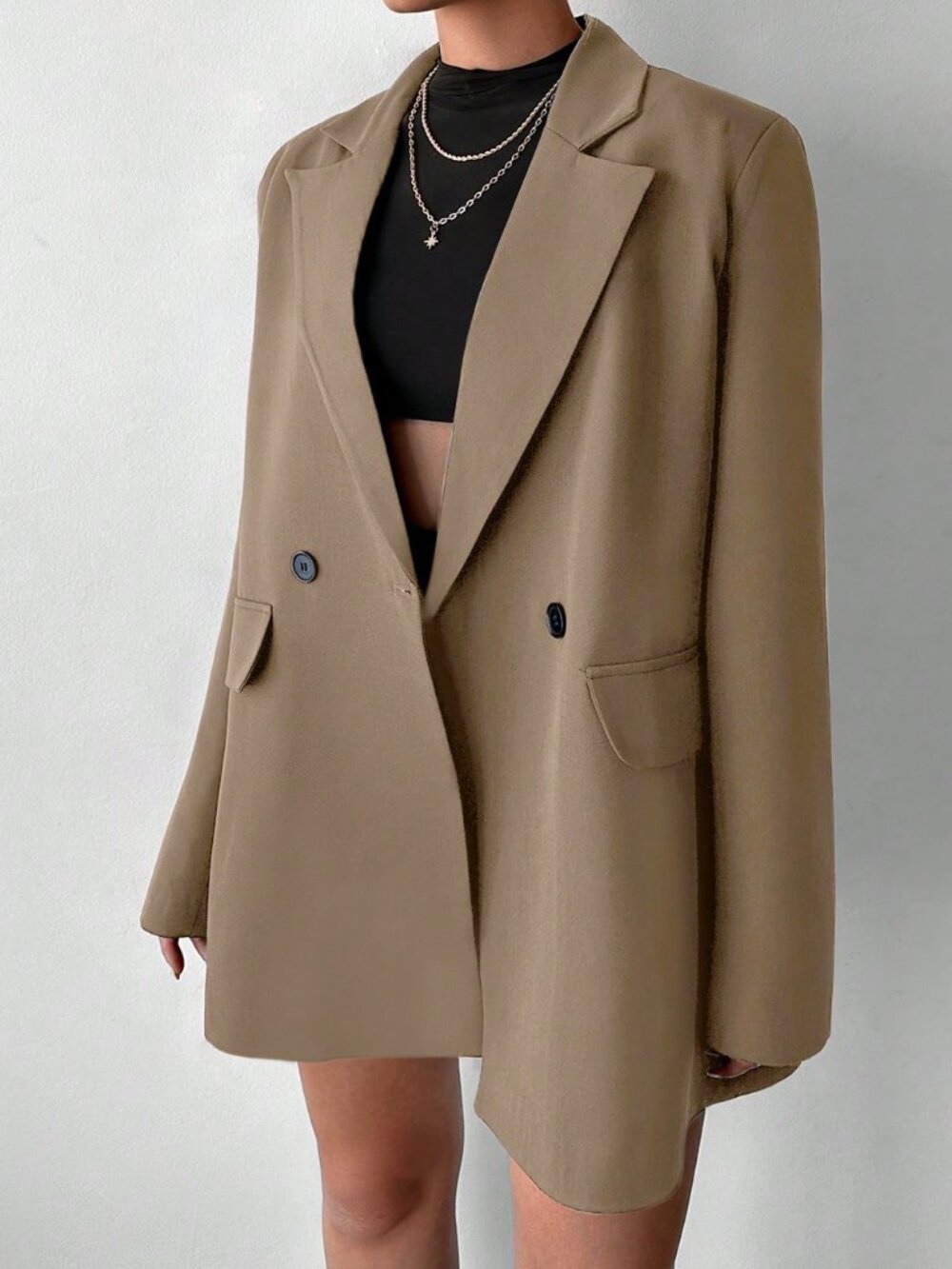 Mocha Brown Casual Women's Oversized Double-Breasted Blazer - Picture 5 of 5